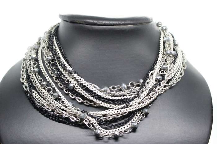 Necklace - Silver Tone & Different colour metal chains. Middle Chain has silver beads on it - ML2583