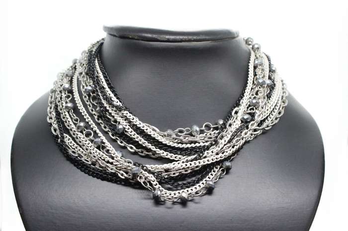 Necklace - Silver Tone & Different colour metal chains. Middle Chain has silver beads on it - ML2583