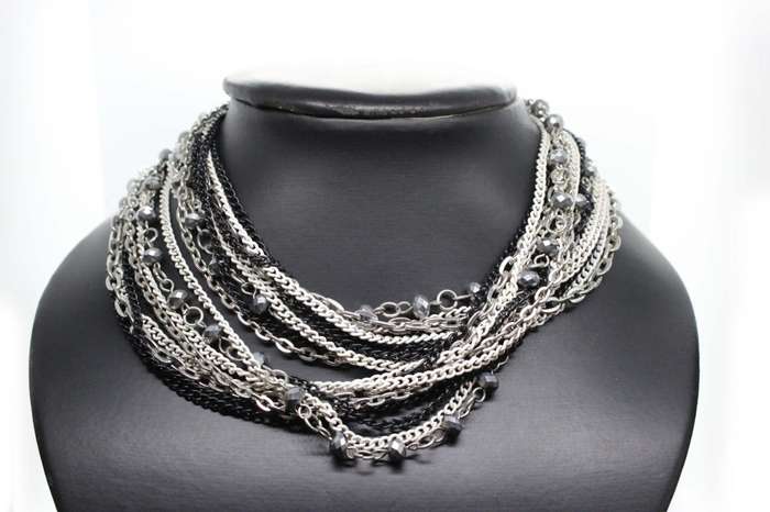 Necklace - Silver Tone & Different colour metal chains. Middle Chain has silver beads on it - ML2583
