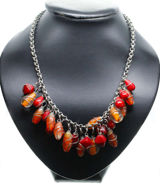 Necklace - Dark Silver Tone Necklace, Orange/Red Stones thin wire around . T Bar Clasp - ML2584