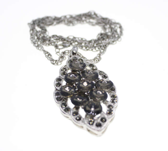 Pendant - Vintage Silver Tone Chain. 9 Smokey Grey Beads/Diamantes on Pendant - ML2586
