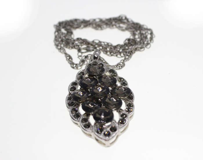 Pendant - Vintage Silver Tone Chain. 9 Smokey Grey Beads/Diamantes on Pendant - ML2586