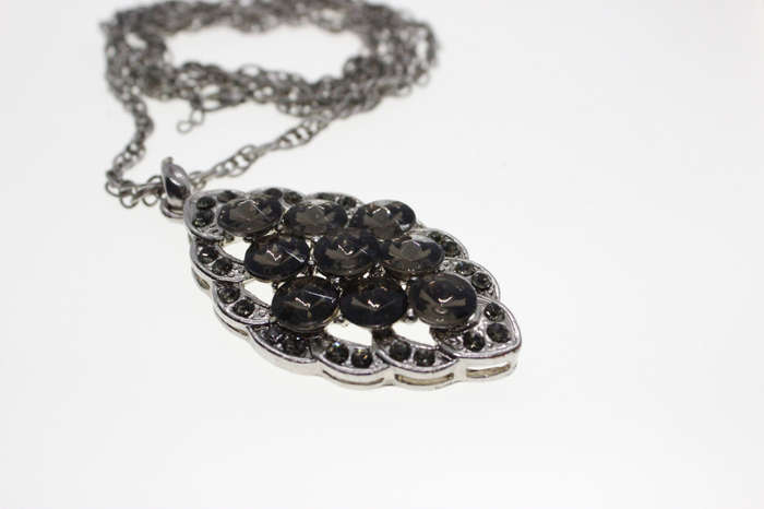 Pendant - Vintage Silver Tone Chain. 9 Smokey Grey Beads/Diamantes on Pendant - ML2586