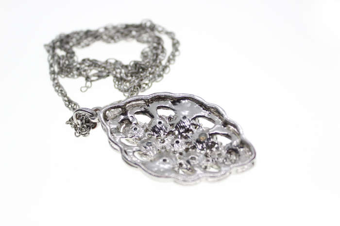 Pendant - Vintage Silver Tone Chain. 9 Smokey Grey Beads/Diamantes on Pendant - ML2586