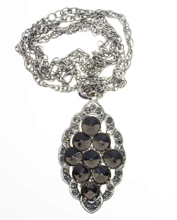Pendant - Vintage Silver Tone Chain. 9 Smokey Grey Beads/Diamantes on Pendant - ML2586