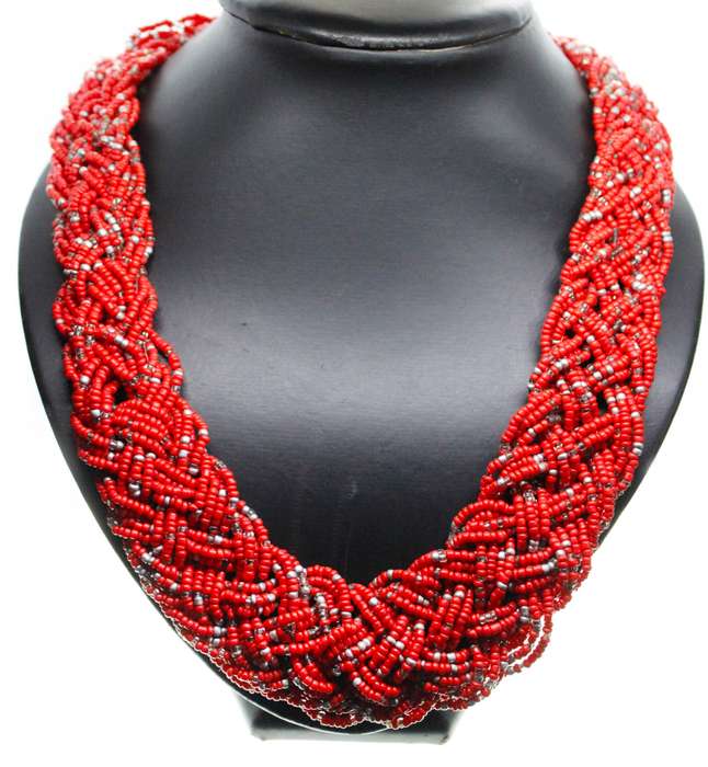 Necklace - Ethnic Red Chuncky Beaded Multilayered Necklace with Silver Tone Chain Clasp - ML2592