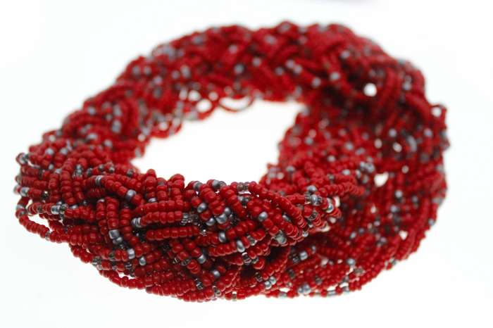 Necklace - Ethnic Red Chuncky Beaded Multilayered Necklace with Silver Tone Chain Clasp - ML2592