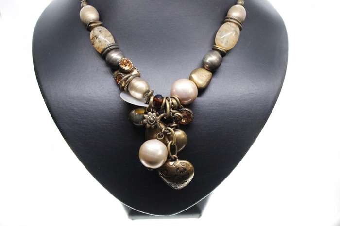 Necklace - Vintage Brass Tone Rustic Necklace. Irregular Beads, Hearts, Stones - ML2596