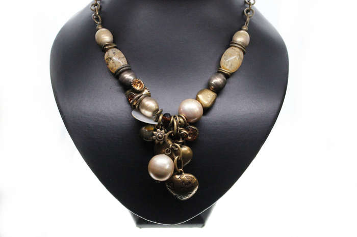 Necklace - Vintage Brass Tone Rustic Necklace. Irregular Beads, Hearts, Stones - ML2596