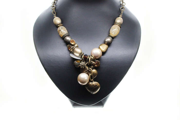 Necklace - Vintage Brass Tone Rustic Necklace. Irregular Beads, Hearts, Stones - ML2596