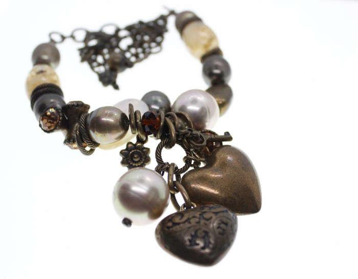 Necklace - Vintage Brass Tone Rustic Necklace. Irregular Beads, Hearts, Stones - ML2596