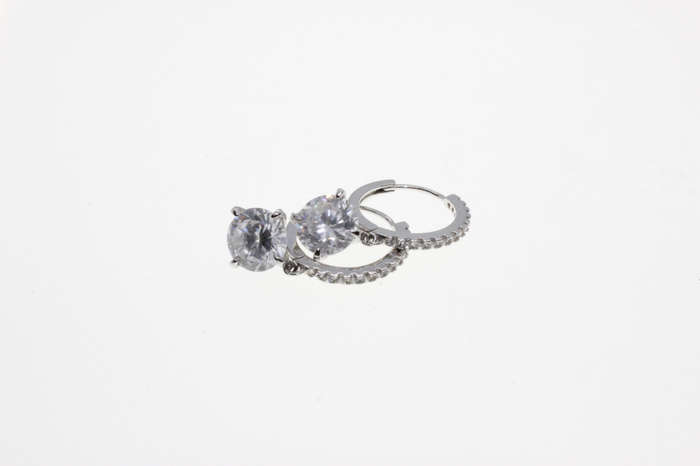 Earrings - Fashion Silver Tone Sleeper Style with Diamantes and Large Clear Stone - ML2604