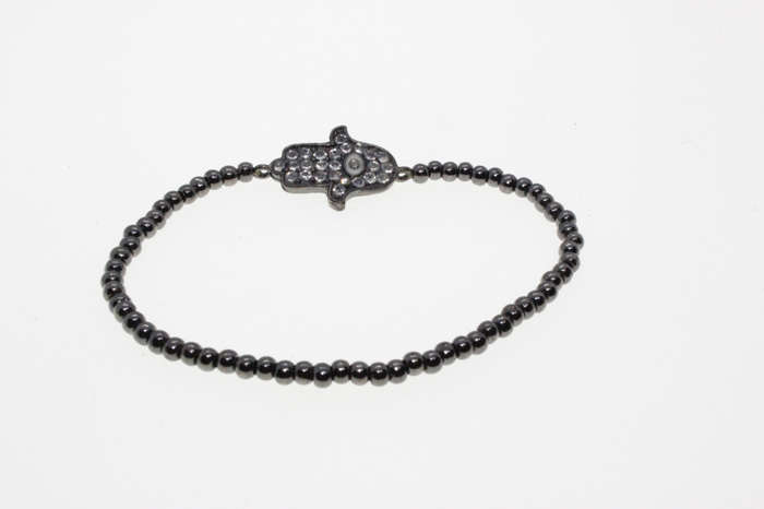 Bracelet - Vintage Metal Tone Beaded with Diamante Studded Hamsa Hand, Slightly Stretchable - ML2605