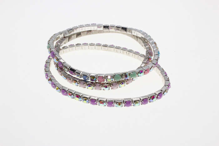 Bracelet - 3 x Fashion Stretch Silver Tone Various Colour Rhinestone Bracelets - ML2615
