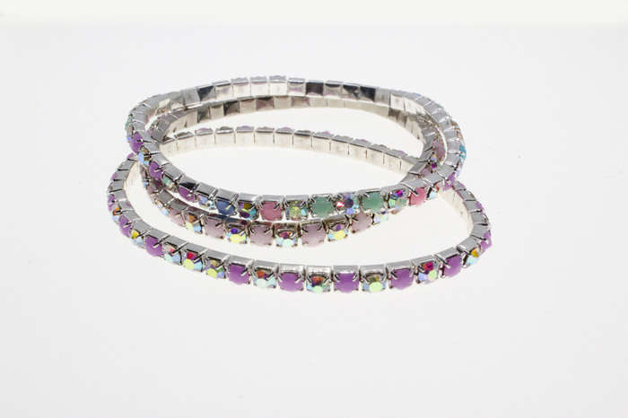 Bracelet - 3 x Fashion Stretch Silver Tone Various Colour Rhinestone Bracelets - ML2615
