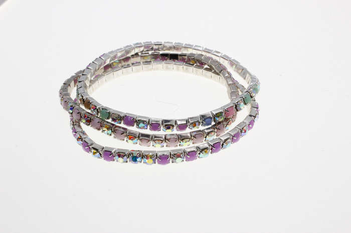 Bracelet - 3 x Fashion Stretch Silver Tone Various Colour Rhinestone Bracelets - ML2615