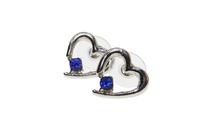 Earrings - Silver Tone Heart Shape Earrings with Blue Stone Encased in the Heart - ML2684