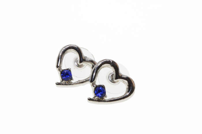 Earrings - Silver Tone Heart Shape Earrings with Blue Stone Encased in the Heart - ML2684