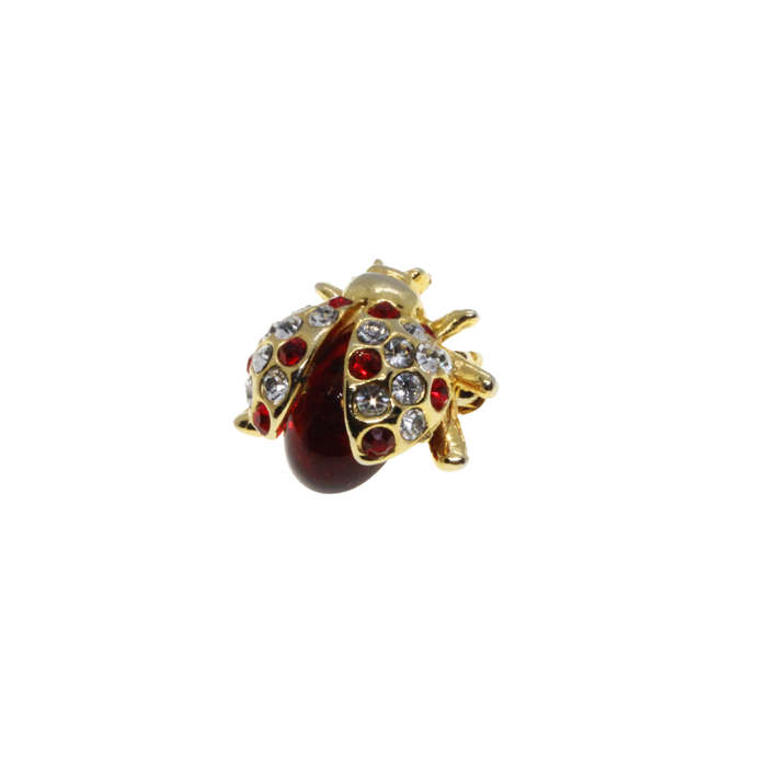 Brooch - Gold Tone Jelly Belly Lady Bug Lapel Pin with Red and Clear Diamantes - ML2702