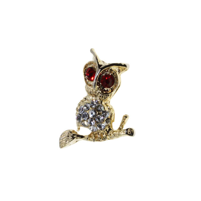 Brooch - Gold Tone Owl with Red Rhinestone Eyes. Clear Diamantes on Belly - ML2706