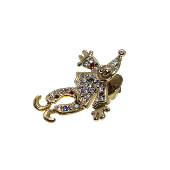 Brooch - Gold Tone Vintage Clown with movable body. Clear & Green Rhinestones - ML2707