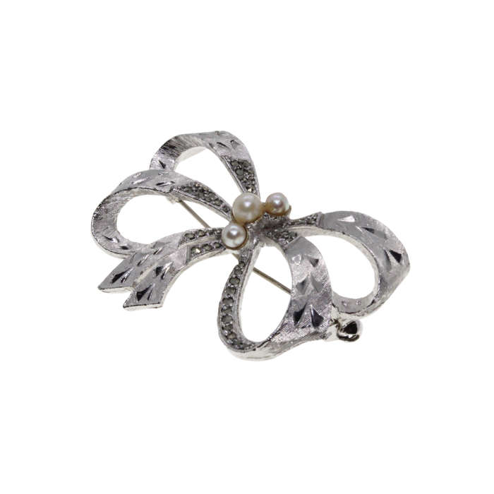 Brooch - Silver Tone Marcasite with Pearls Bow Knot Design - ML2708