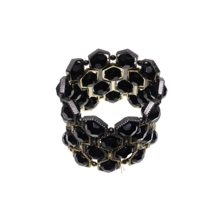 Bracelet - Gold Tone Chunky Wide Faceted Beehive Design. Black Beads - ML2724