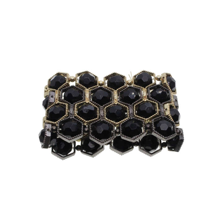 Bracelet - Gold Tone Chunky Wide Faceted Beehive Design. Black Beads - ML2724