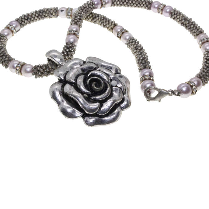 Silver Tone - Mesh Necklace. Faux Pearls/Diamantes. Rose Pendant. - ML2726