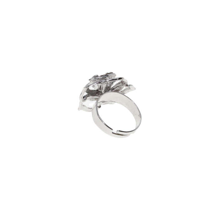 Ring - Silver Tone Flower Parve Design with Diamantes Expandable Cocktail Ring - ML2729