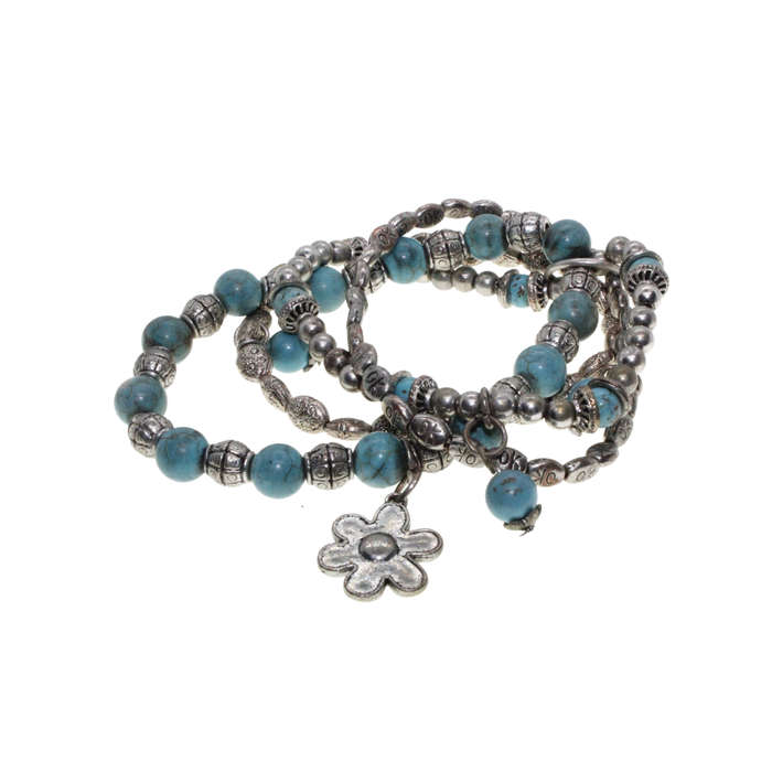 Bracelets - Silver Tone, Stretch Turqoise/Silver beads. Set of 4. - ML2732