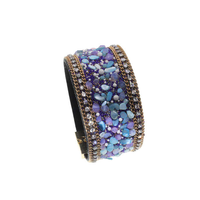 Bangle - Gold Tone Detailed Multi-Colour Beaded Bangle. Pleather Strap. Magnetic Clasp - ML2735