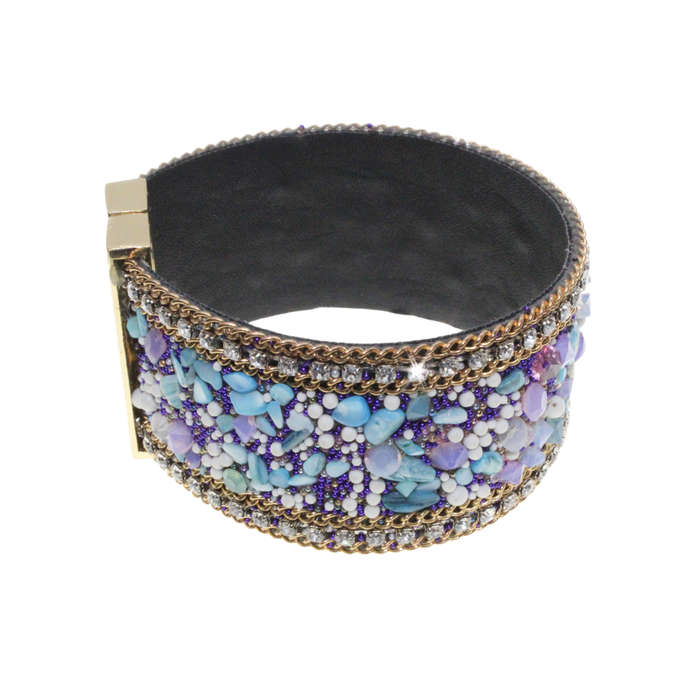 Bangle - Gold Tone Detailed Multi-Colour Beaded Bangle. Pleather Strap. Magnetic Clasp - ML2735