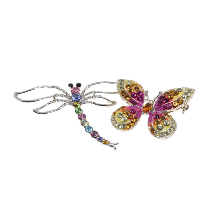 Brooch -  Silver Tone. Colourful Butterfly and Dragon Fly. Rhinestones. - ML2739