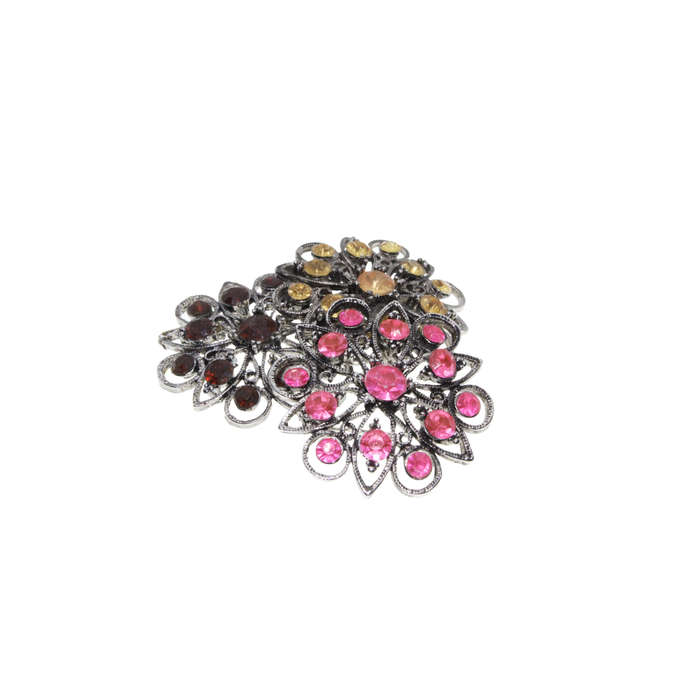 Brooch - 3 x Silver Tone Floral Style Assorted Colour Rhinestones - ML2750