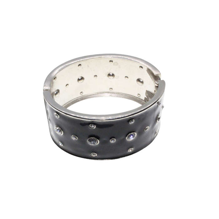 Bangle - Silver Tone Cuff Bangle Enamel Black with assorted size Diamantes - ML2775