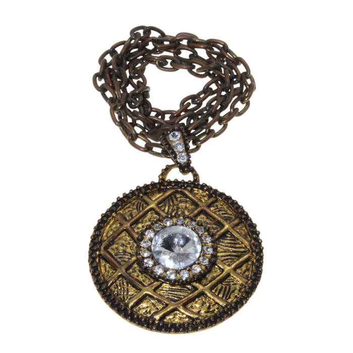 Necklace - Metal Medallion and Chain. Large see through Stone with small Stones - ML2796