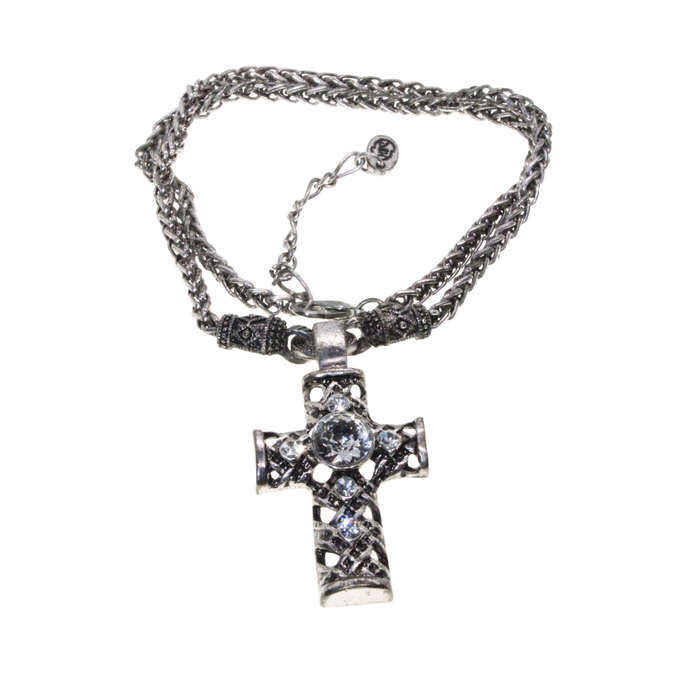 Necklace - Silver Tone Ornate Cross Pendant. Large Centre Clear Stone & Diamantes. Chain - ML2806