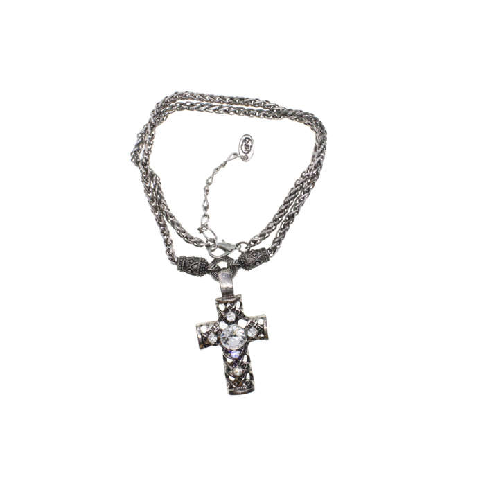 Necklace - Silver Tone Ornate Cross Pendant. Large Centre Clear Stone & Diamantes. Chain - ML2806