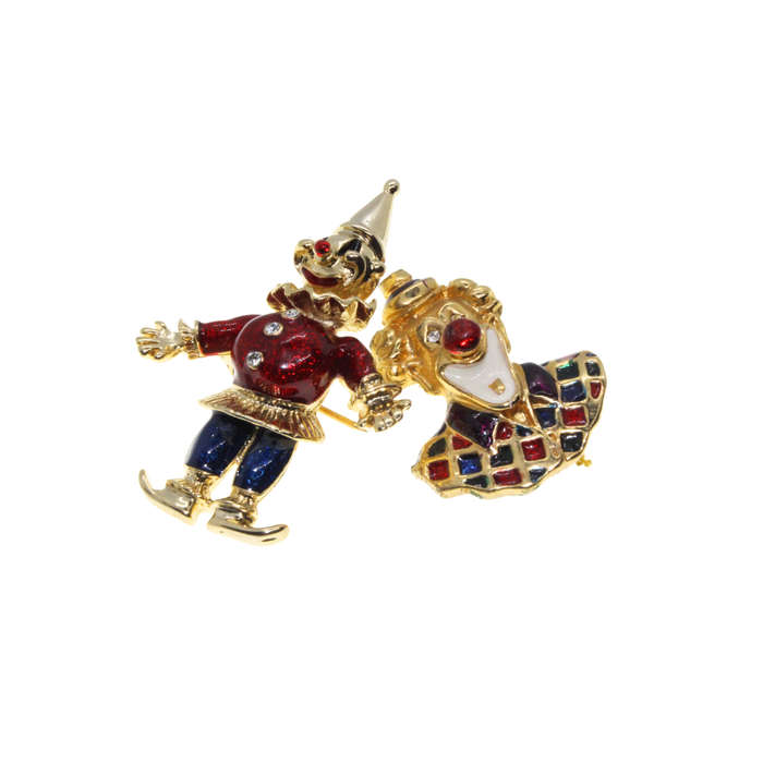 Brooch - Gold Tone Colourful Clowns with Diamantes - ML2812