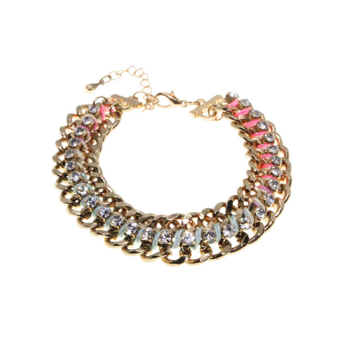 Bracelet - Gold Tone Multi Colour String intwined. Clear Rhinestones - ML2825