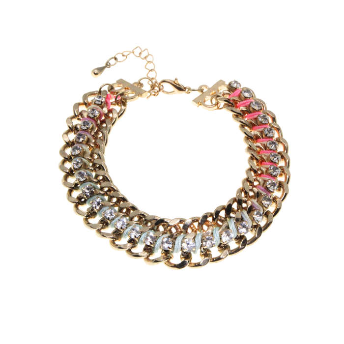 Bracelet - Gold Tone Multi Colour String intwined. Clear Rhinestones - ML2825
