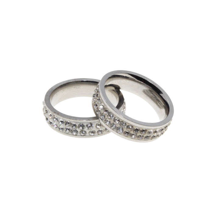 Ring - 2 x Silver Tone White Enamel Diamante Designs - ML2829