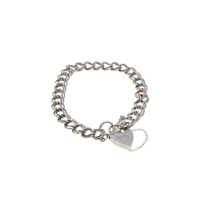 Bracelet - Silver Stamped Vintage ladies Double Curb Style Chain. Safety Chain & Locket - ML2831