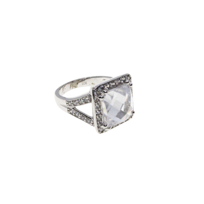 Ring - 925 Silver Stamped Band. Large Centre Stone surrounded by small Diamantes - ML2840