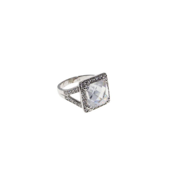 Ring - 925 Silver Stamped Band. Large Centre Stone surrounded by small Diamantes - ML2840