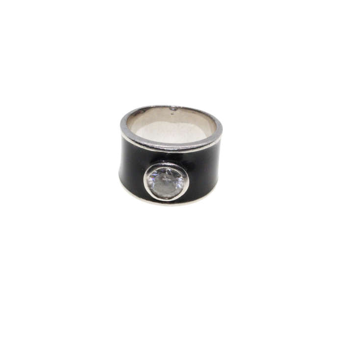 Ring - 925 Silver Wide Black Enamel Ring with Silver edges. Large Diamante in Centre - ML2859