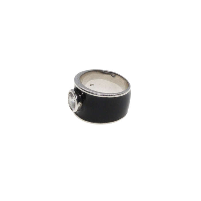 Ring - 925 Silver Wide Black Enamel Ring with Silver edges. Large Diamante in Centre - ML2859