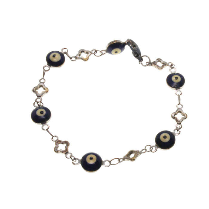 Bracelet - Silver Tone Evil Eye with 4 Leaf Clover Style Links - ML2862