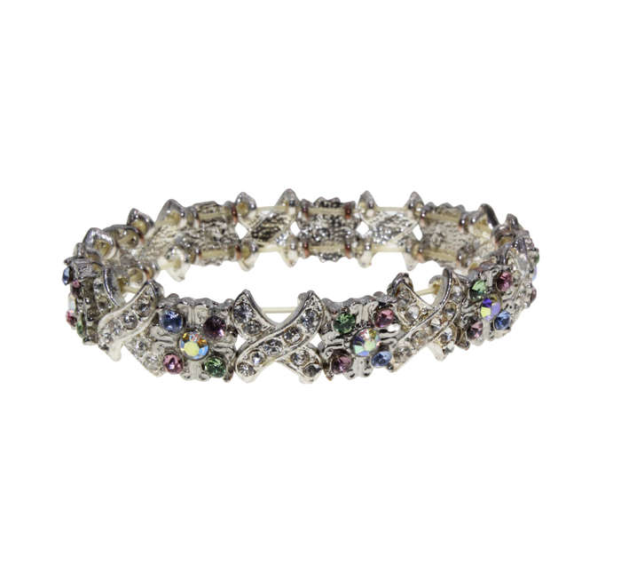 Bracelet - Silver Tone Noughts and Crosses with Floral Style Diamantes - ML2868